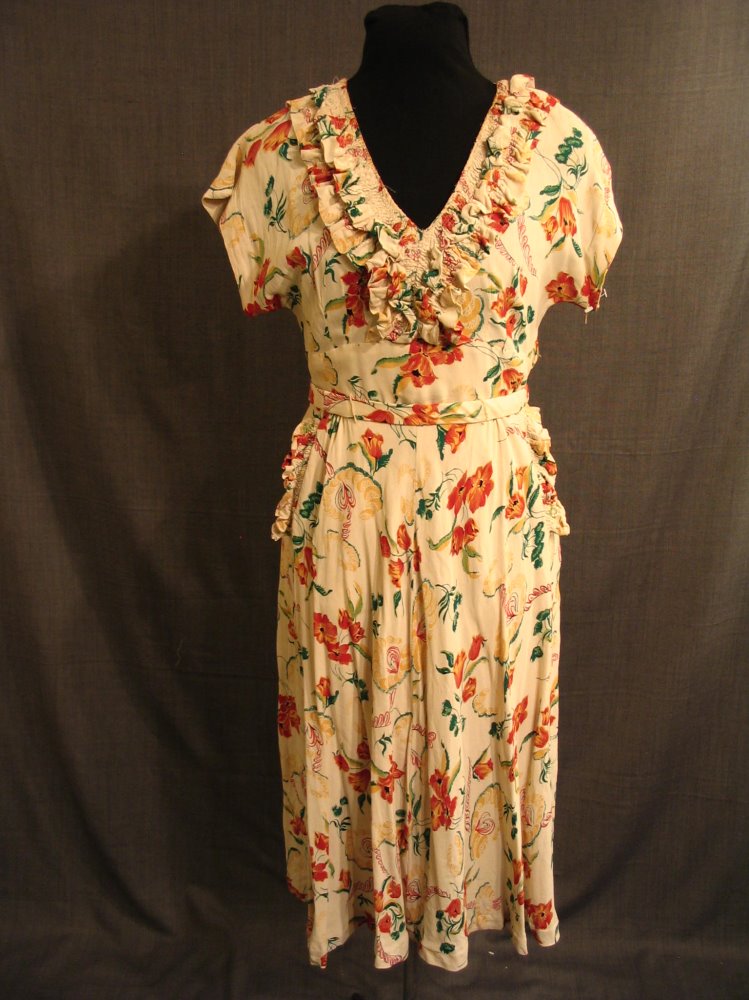 20th, century, dress, 1940s, women, b36, w30, cream, red, green, beige ...