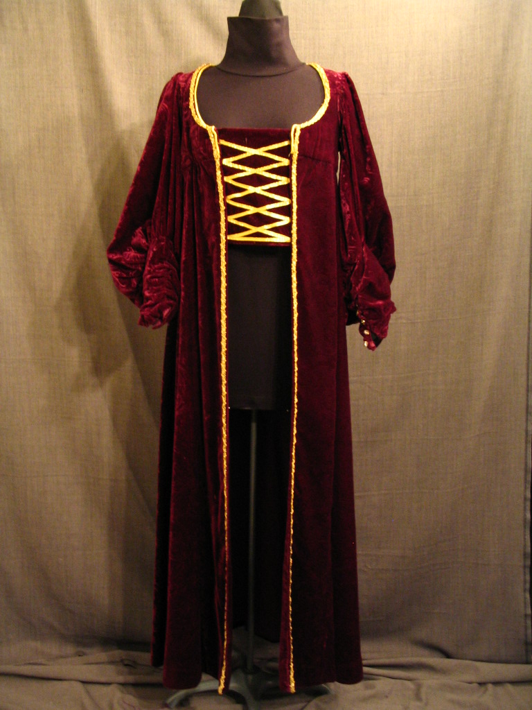 medieval, dress, overdres, tabard, medieval, women, b34, burgundy, paisley, overdress, cut