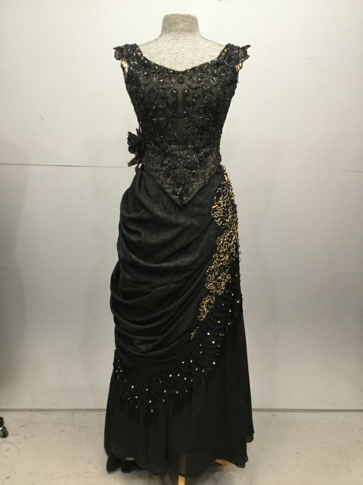 19th, century, skirt, period, 19th, c, t, o, c, women, w27, os, 45, black, gold, beaded, bussel