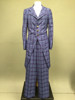 Blue, Light Blue, Dark Maroon, Cotton, Polyester Blend, Plaid, Frock Coat, Notched Lapel, Left Breast Pocket, Three Button Front, Gold Filigree Buttons with Stone Inlay, Three Filigree Button Cuff, Two Buttons at Waistline Center Back, Long Open Vent at Center Back. 