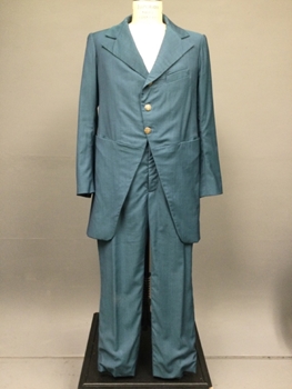 Teal Blue, Wool Blend, Solid, Frock Coat, Peaked Lapel, Three Button Front, Gold and Silver Woven Detail Buttons, Slanted Left Breast Pocket, Two Front Waist Seam Pockets, Three Button Cuffs, Two Matching Woven Buttons at Back Waist Seams, Long Open Center Back Vent. 