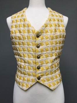 Yellow, White, Linen, Cotton, Houndstooth, Large Scale Yellow Houndstooth Pattern Vest, Five Button Front, Gold Filigree Buttons, Two Slanted Waist Pockets, Blue and White Striped Satin Back with Adjustable Waist Belt. 