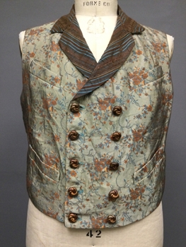 Taupe, Copper, Aqua Blue, Brocade, Silk, Floral, Stripe, Regency, Double Breasted Vest, Contrasting Notched Lapel, Ten Button Front with Iridescent Copper Swirl Deco Buttons, Two Welted Breast Pockets, Two Welted Waist Pockets, Iridescent Brown and Blue Silk Contrast Back with Subtle Floral Design, Adjustable Waist Belt. 